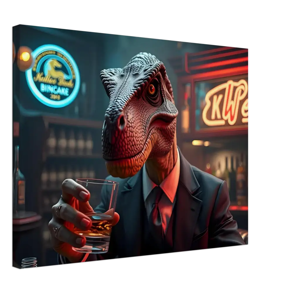 Dinosaur in suit drinking whiskey displayed on Whiskey Raptor Canvas Print by PixiOnyx