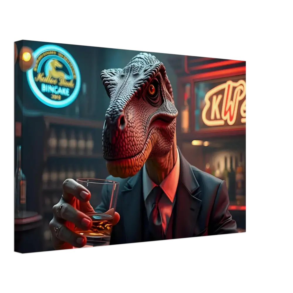 Dinosaur in a suit holding whiskey glass for Whiskey Raptor Canvas Print PixiOnyx Wall Art