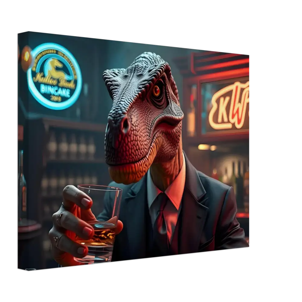 Dinosaur in a suit holding whiskey glass displayed on Whiskey Raptor Canvas Print Wall Art