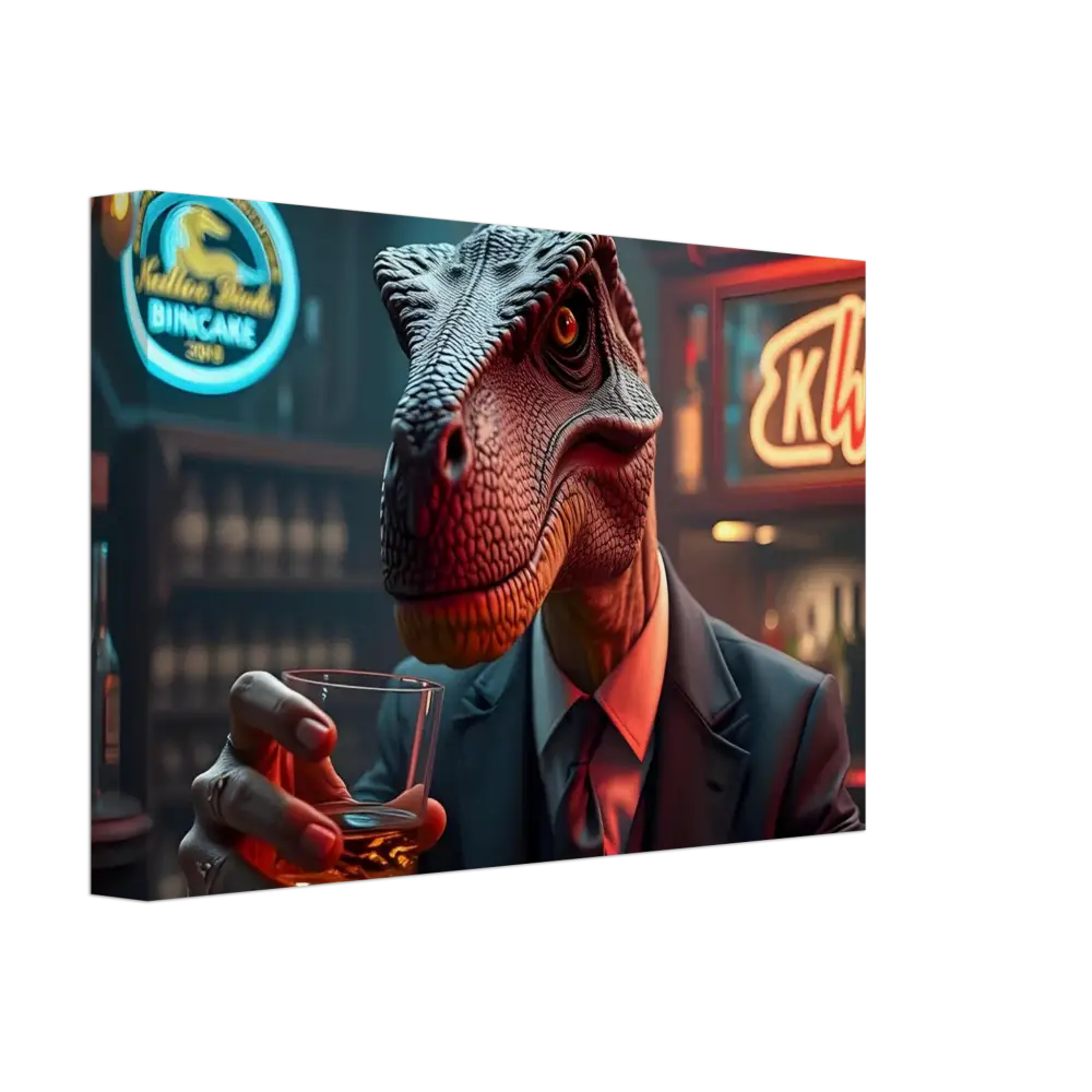Dinosaur in suit holding whiskey for Whiskey Raptor Canvas Print After Hours Instincts