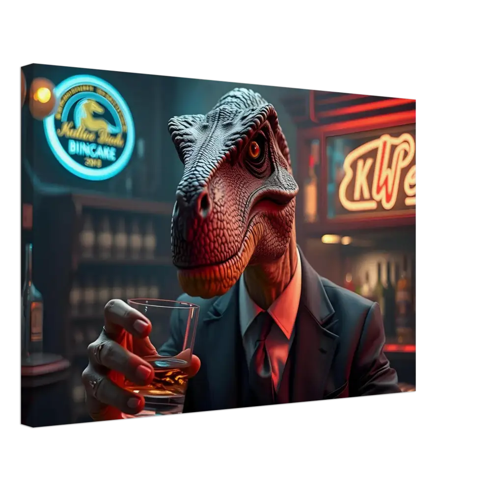 Dinosaur in a suit holding a glass of whiskey on PixiOnyx Wall Art Canvas Print