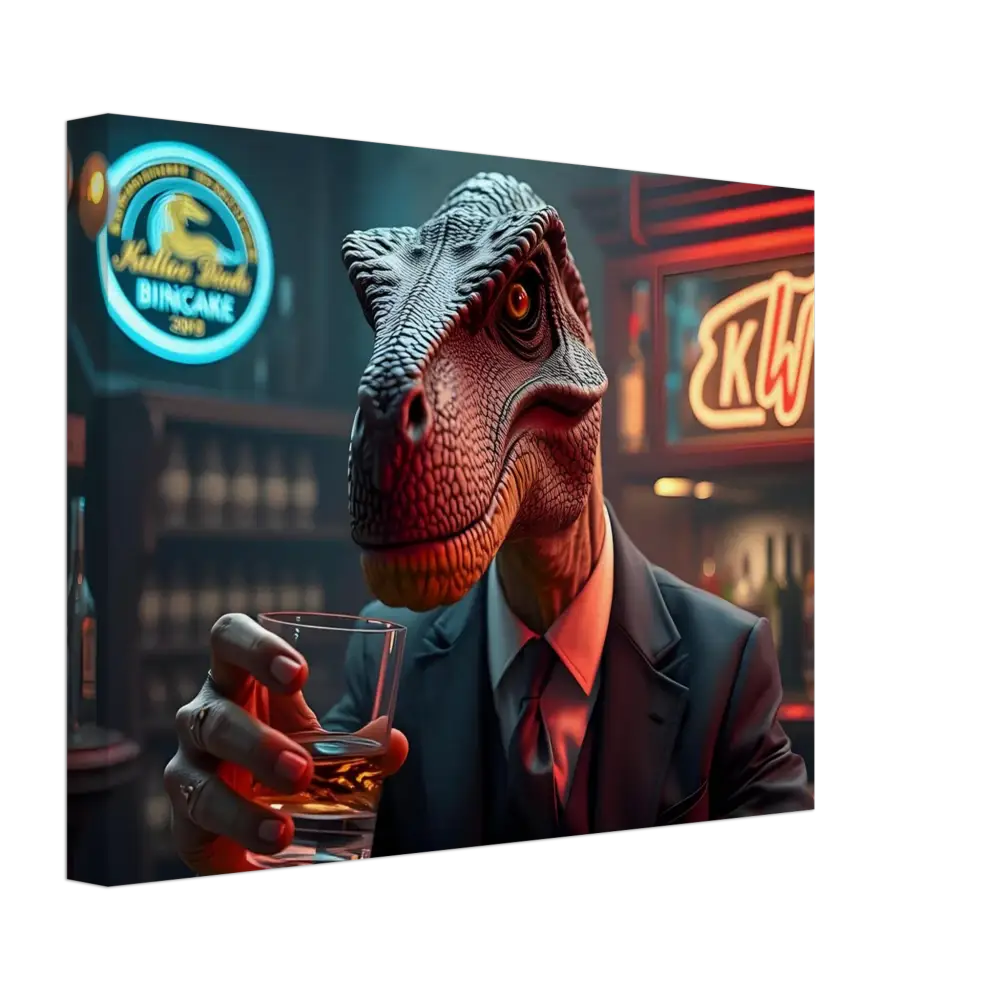 Dinosaur in a suit holding a drink depicted in Whiskey Raptor Canvas Print Wall Art