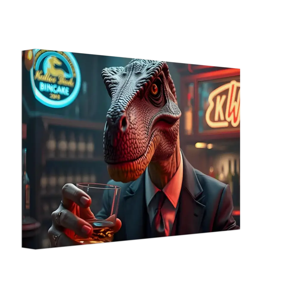 Dinosaur in a suit drinking whiskey displayed on Whiskey Raptor Canvas Print by PixiOnyx