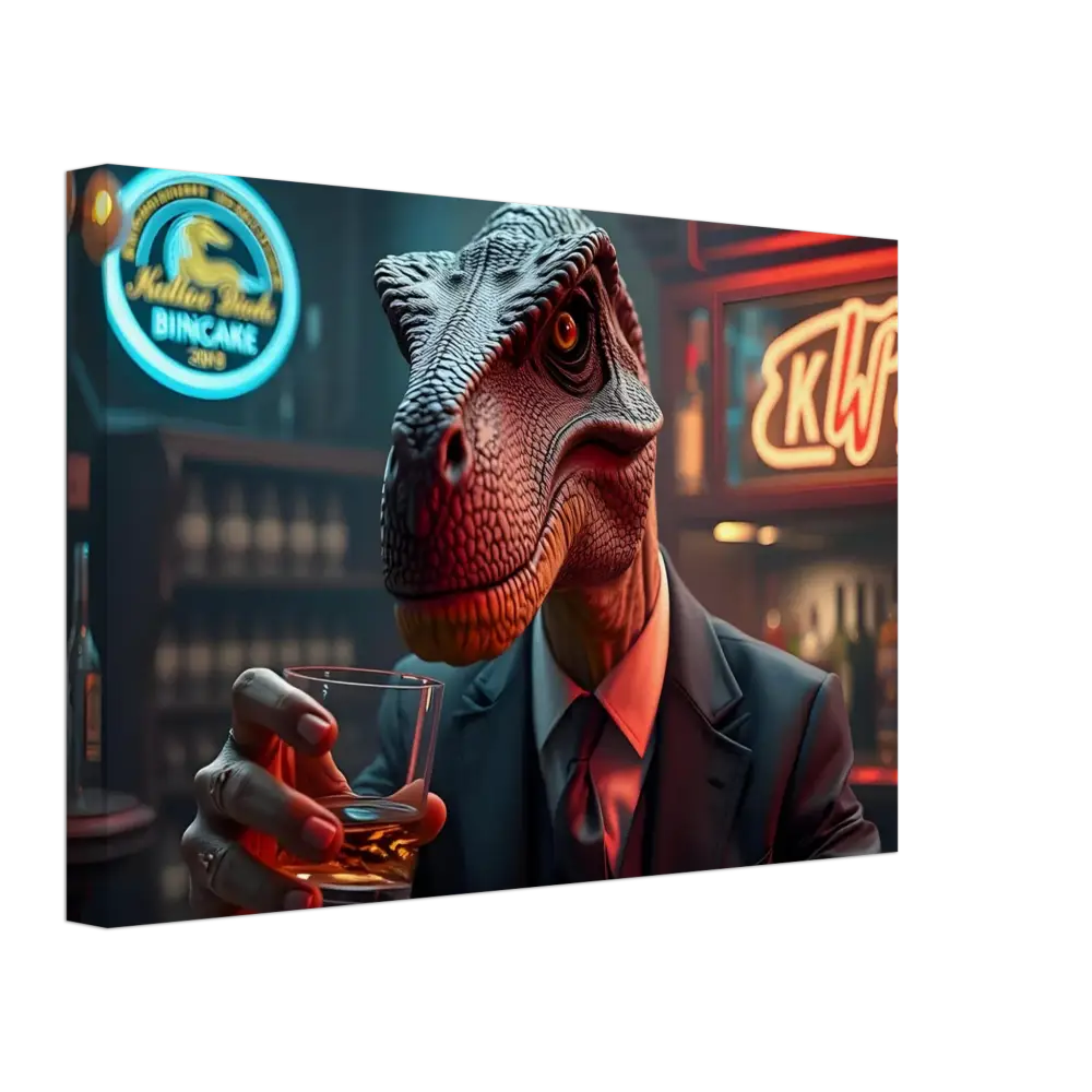Dinosaur in a suit holding a whiskey glass displayed on Whiskey Raptor Canvas Print Wall Art