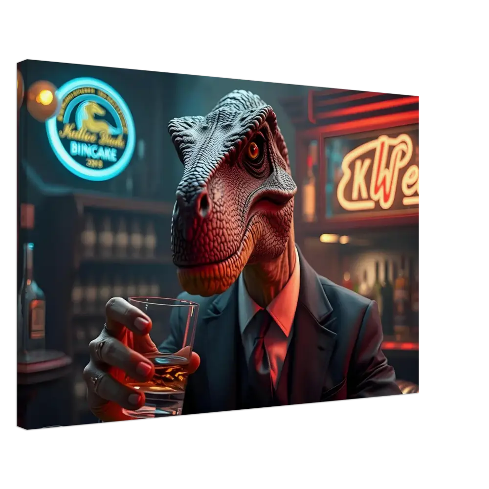Dinosaur in a suit holding a glass of whiskey behind the Whiskey Raptor Canvas Print