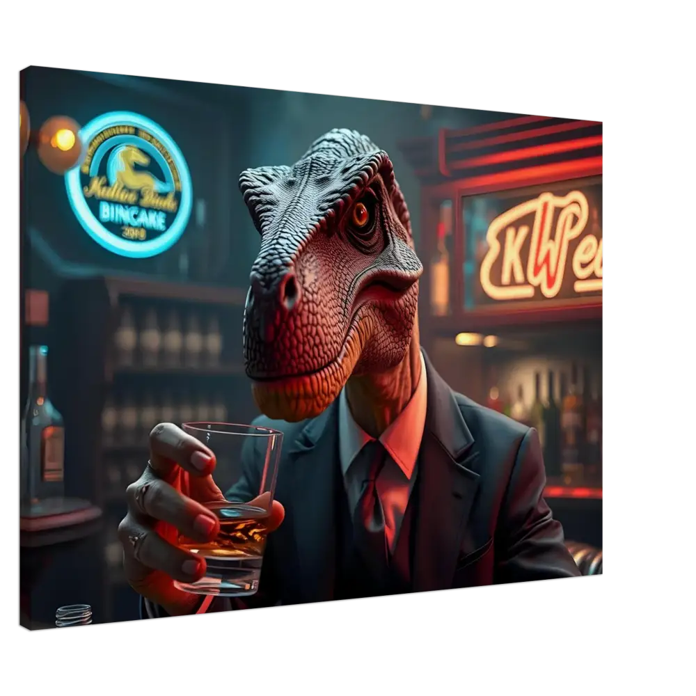Dinosaur in a suit holding a glass of whiskey displayed on Whiskey Raptor Canvas Print
