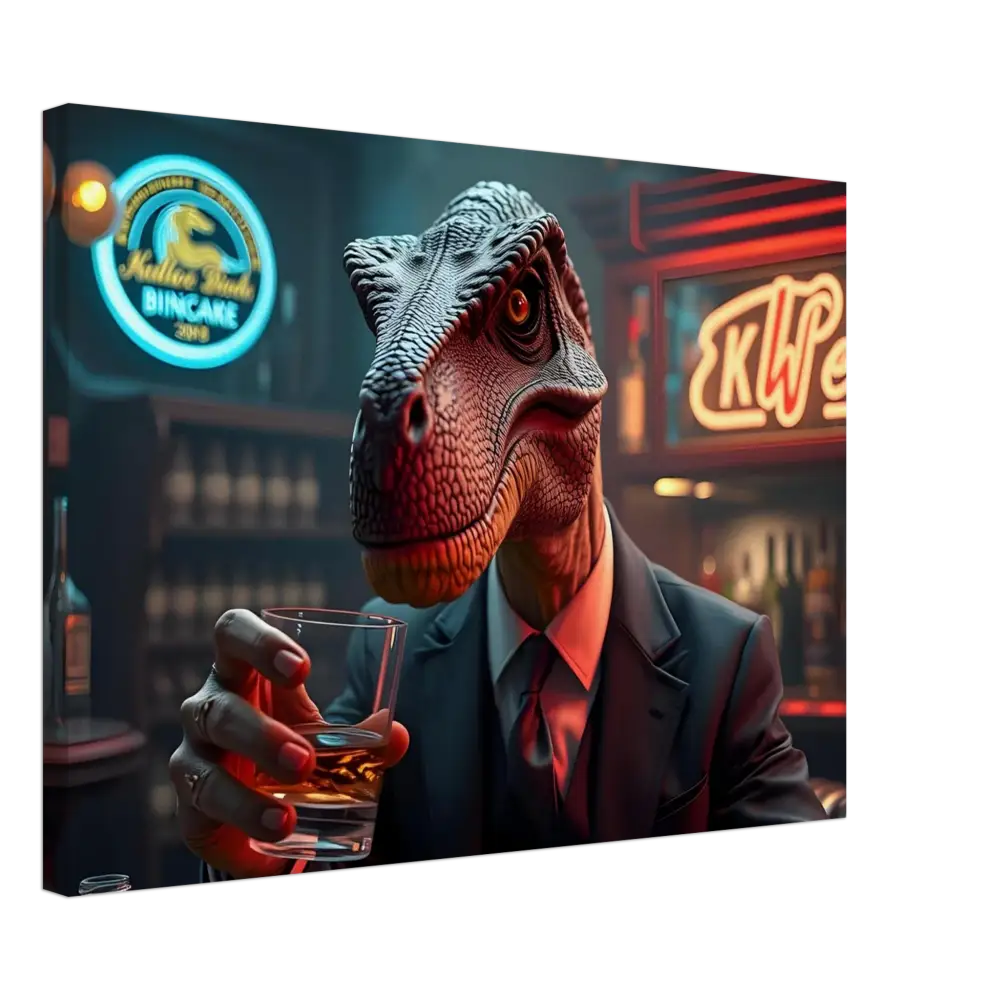 Dinosaur in a suit holding a whiskey glass displayed on Whiskey Raptor Canvas Print Wall Art