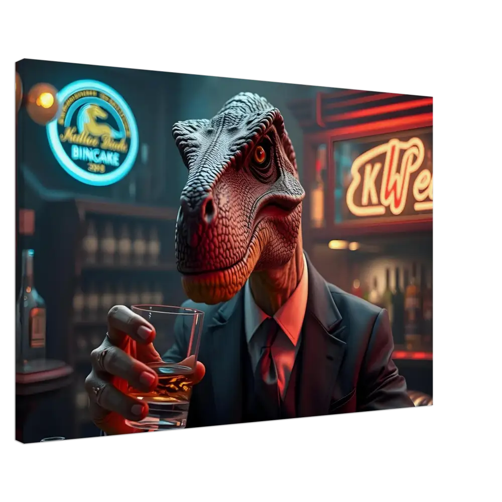 Dinosaur in a suit holding a drink displayed on Whiskey Raptor Canvas Print by PixiOnyx