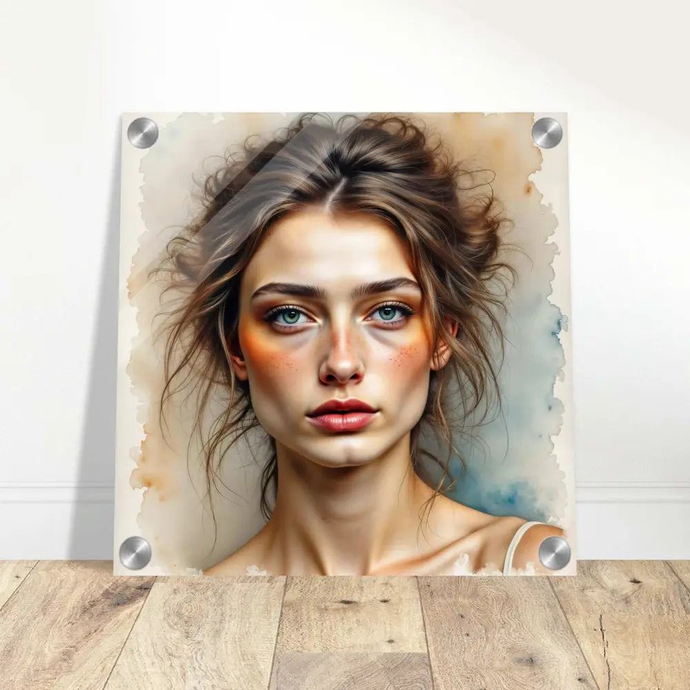Watercolor portrait of a woman on a crystal-clear acrylic pane showcasing clarity beneath