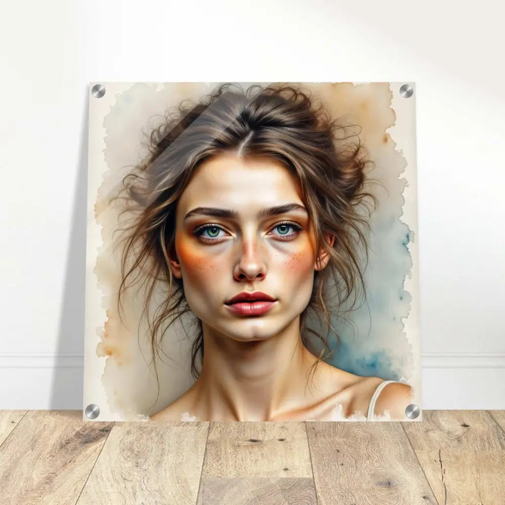 Framed watercolor portrait of woman’s face with crystal-clear acrylic pane, clarity beneath