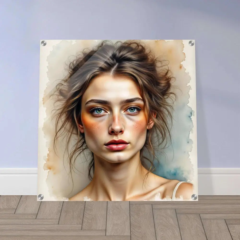Translucent acrylic print featuring watercolor portrait of young woman with blue eyes and brown hair, clarity beneath with crystal-clear acrylic pane mounted with metal standoffs