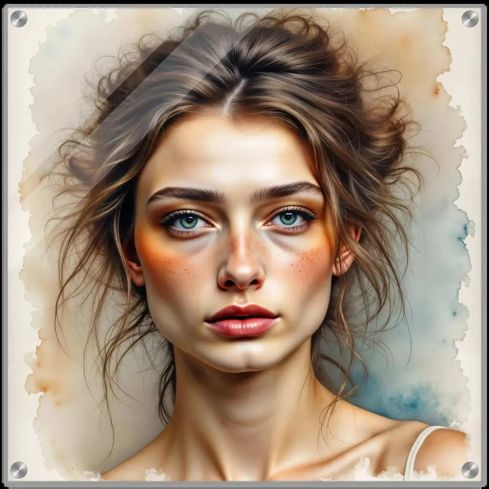 Woman with blue eyes and orange blush in Whispers in the Watercolor Mist acrylic portrait with crystal-clear acrylic pane
