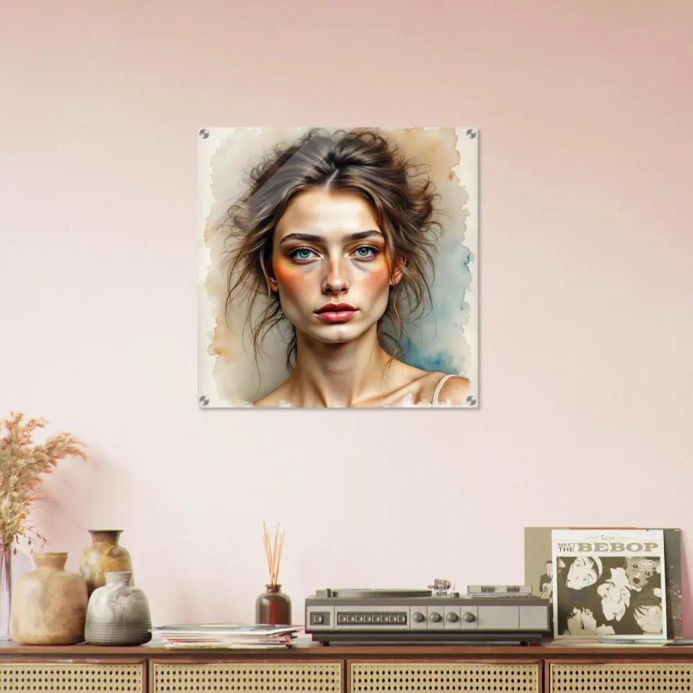 Watercolor portrait of a woman’s face under a crystal-clear acrylic pane in Whispers in the Watercolor Mist