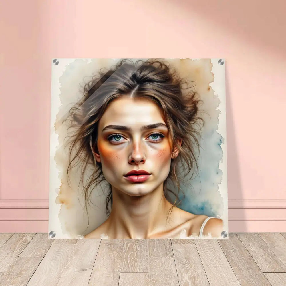 Square acrylic print with watercolor portrait of a woman showcasing crystal-clear acrylic pane and clarity beneath