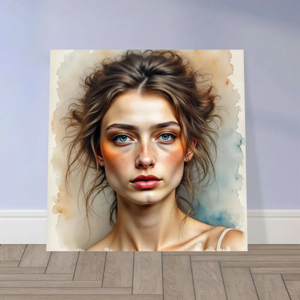 Aluminum fine art print of watercolor portrait of young woman with blue eyes and messy brown hair