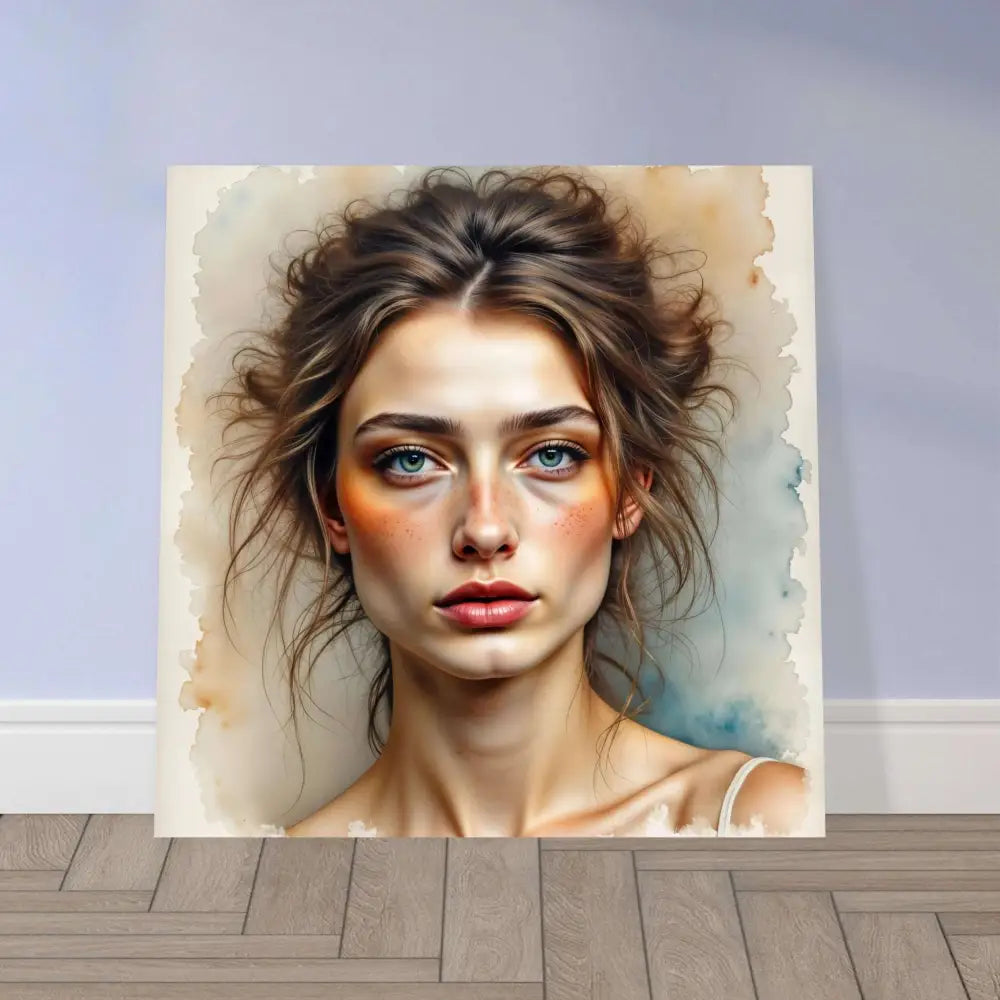 Watercolor-style aluminum fine art print of a woman with striking blue eyes and timeless emotion