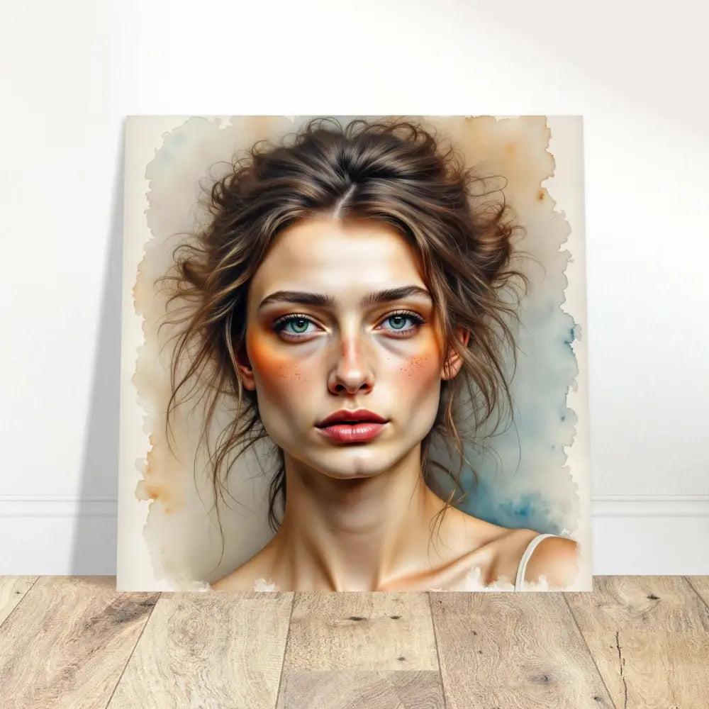 Watercolor portrait of a woman with blue eyes on aluminum fine art modern medium capturing timeless emotion