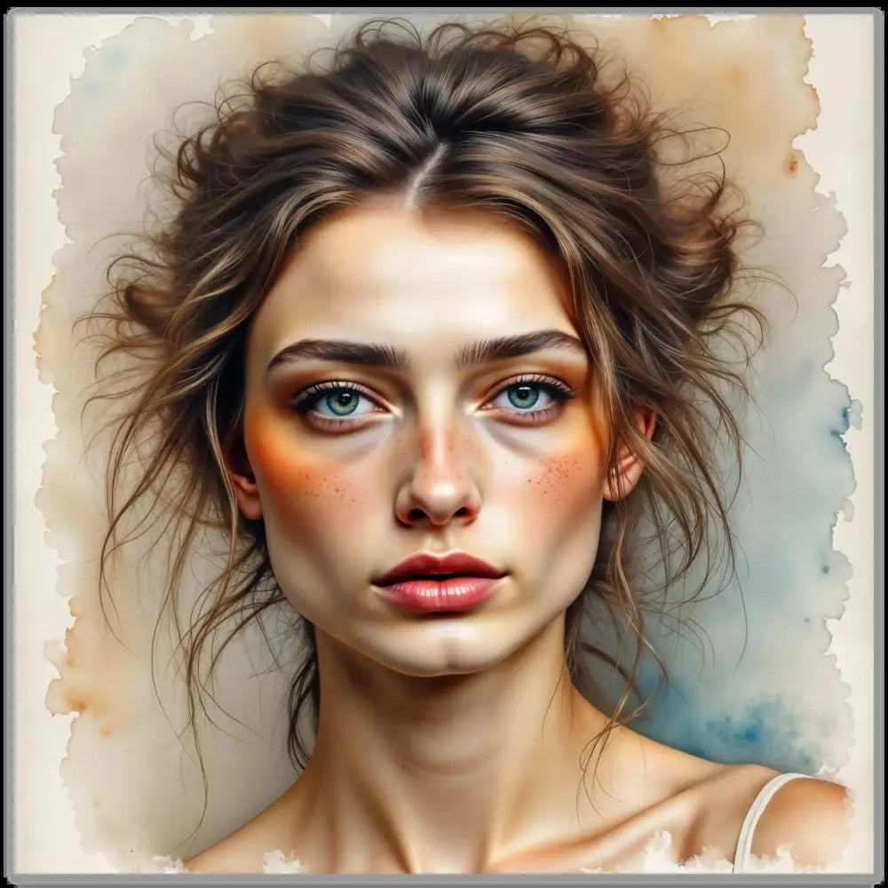 Young woman portrait with striking blue eyes in aluminum fine art watercolor mist print