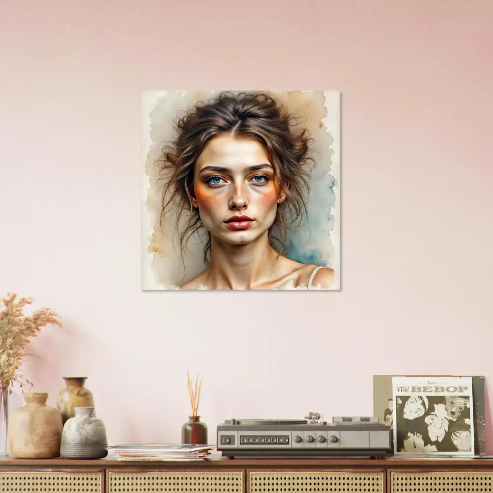 Framed watercolor portrait of woman’s face on aluminum fine art print showcasing timeless emotion