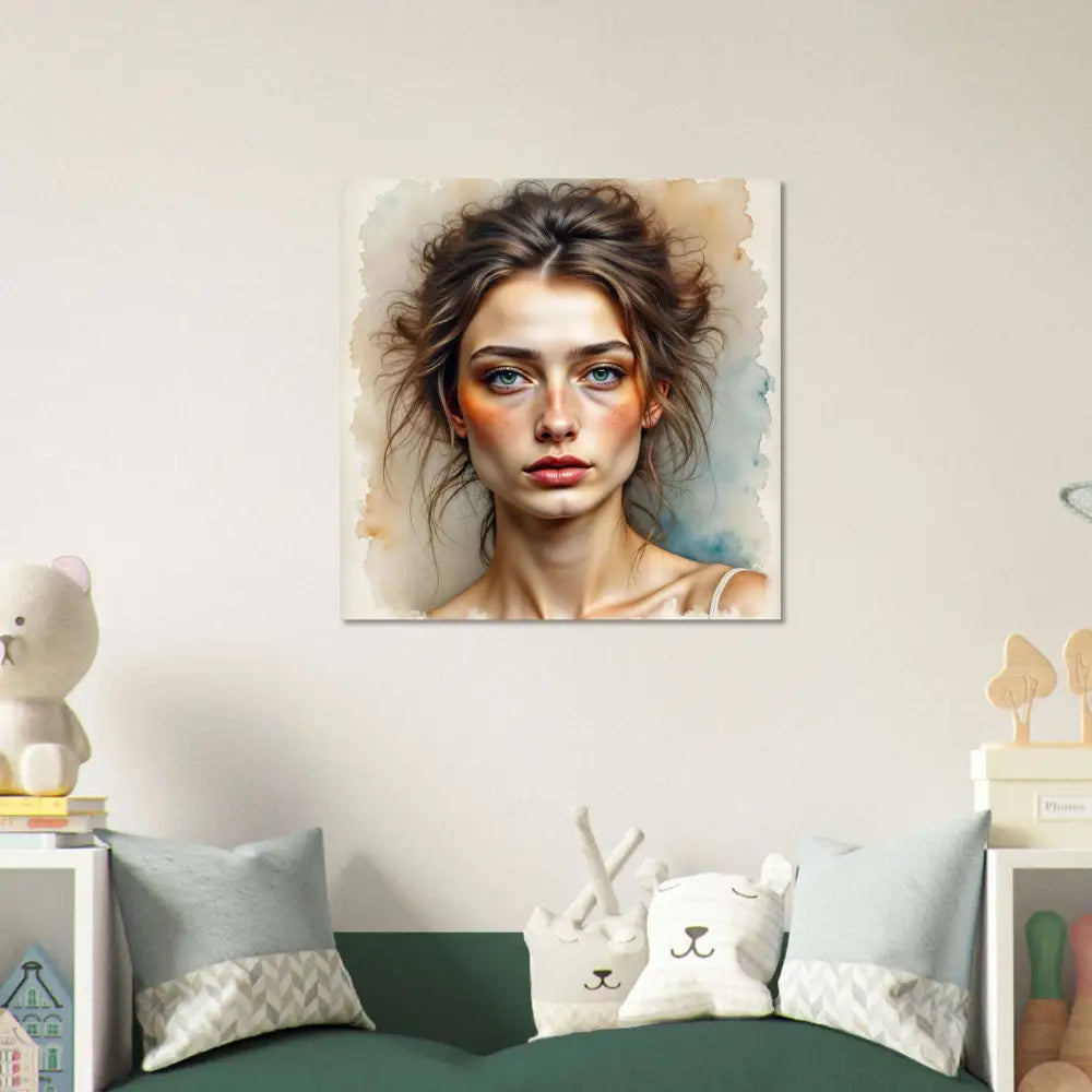 Watercolor portrait of woman with expressive eyes and flushed cheeks on aluminum fine art print