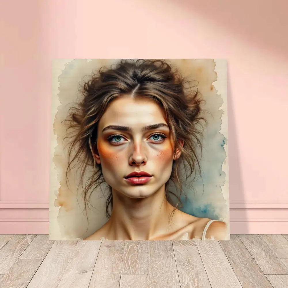 Watercolor portrait of woman with blue eyes and brown hair on natural wood print