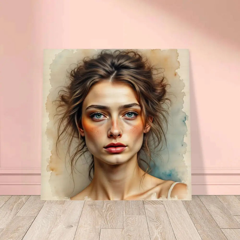 Watercolor portrait of young woman with brown hair and blue eyes printed directly on natural wood