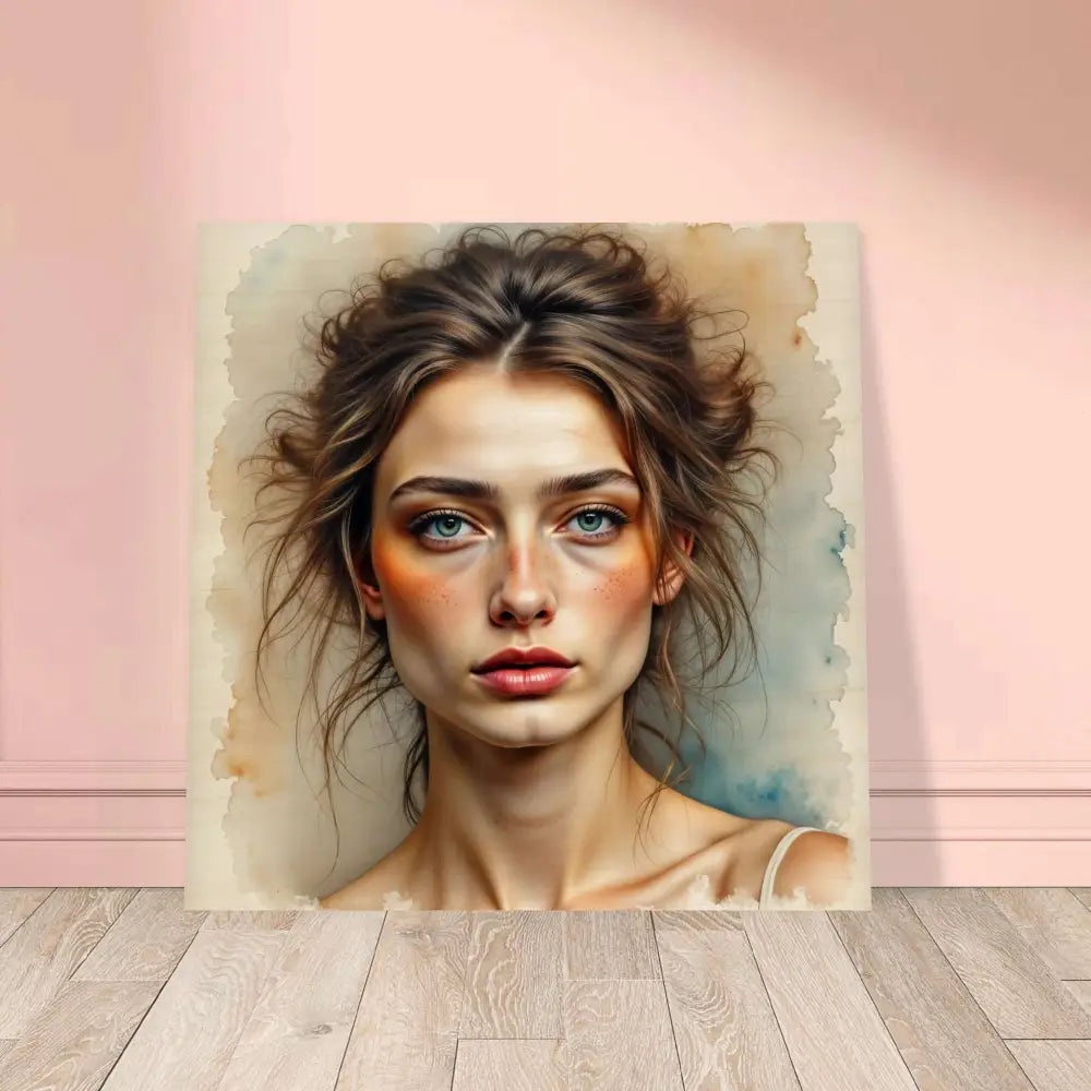 Watercolor portrait of woman with blue eyes printed directly on natural wood birch art print