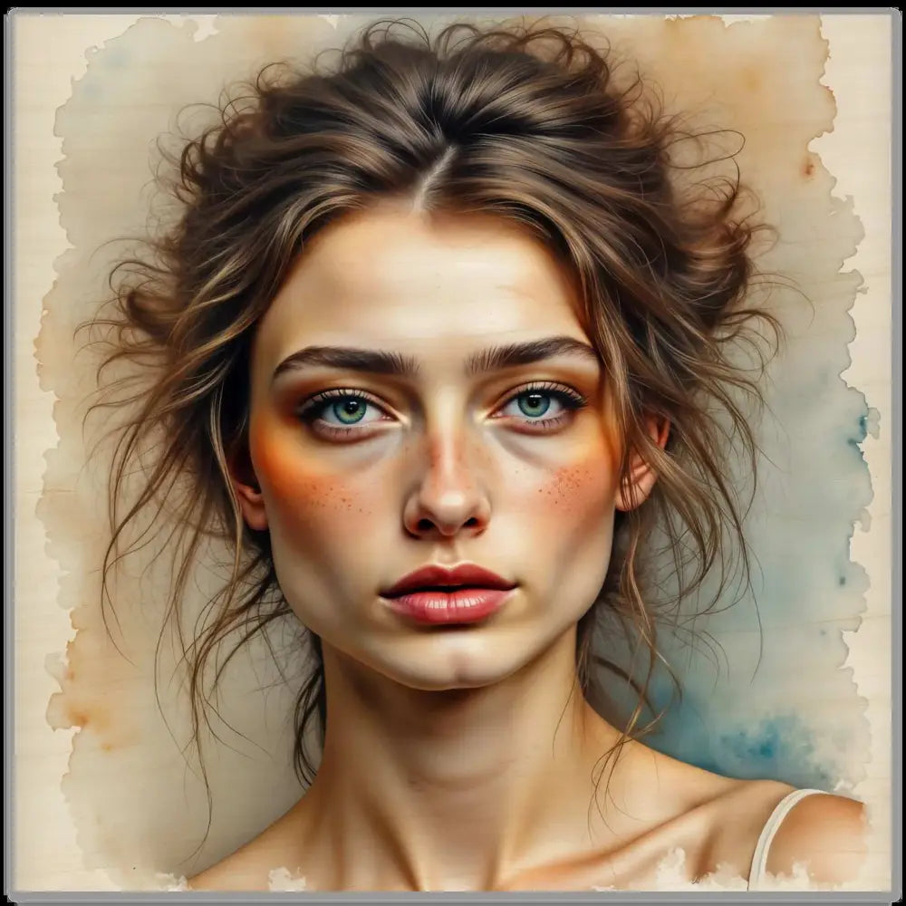 Woman’s face with light brown hair and blue eyes printed directly on natural wood art print