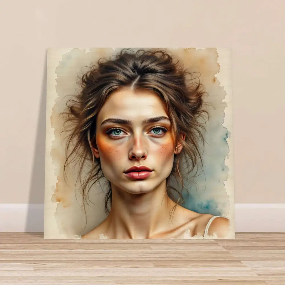 Watercolor style woman’s portrait printed directly on natural wood birch art print