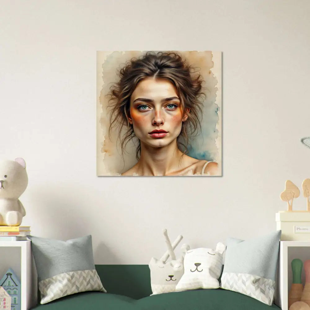 Watercolor painting of a woman’s face printed directly on sustainably sourced birch natural wood