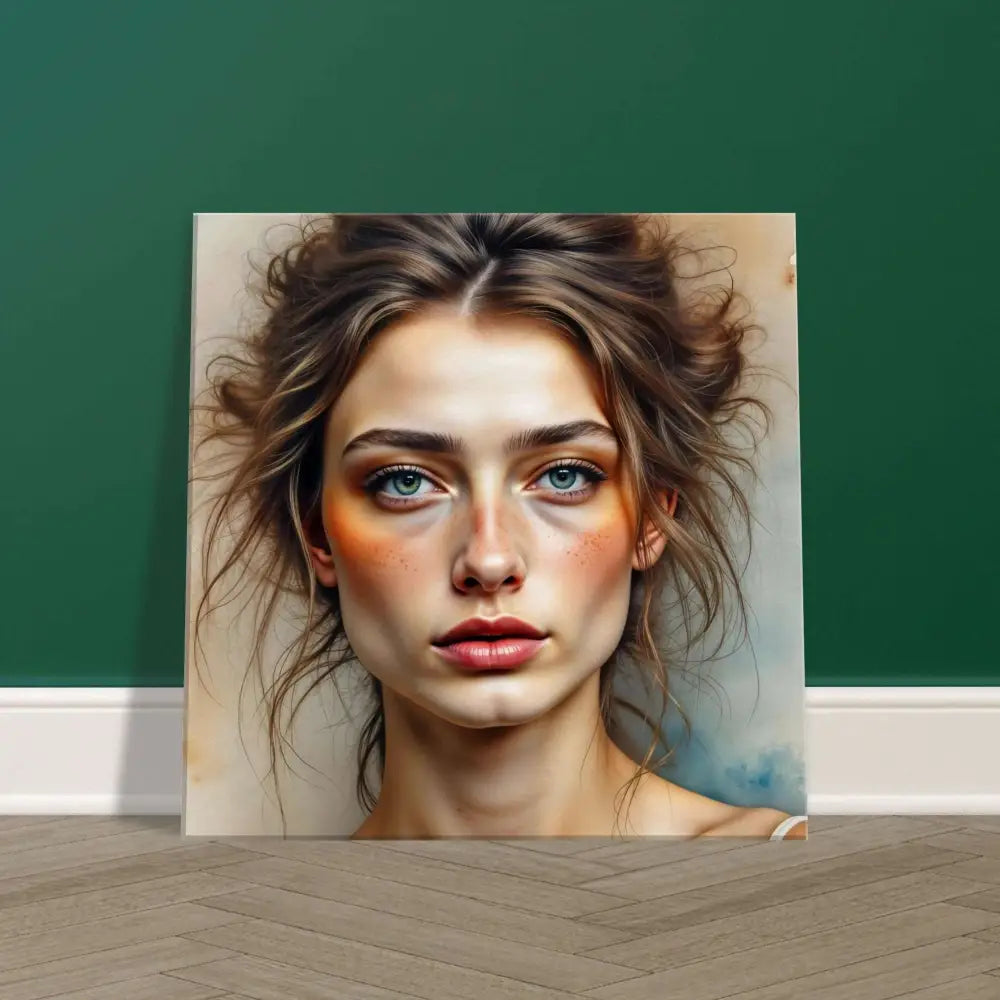 Portrait of a woman with blue eyes and warm makeup on a canvas whispers emotion artwork