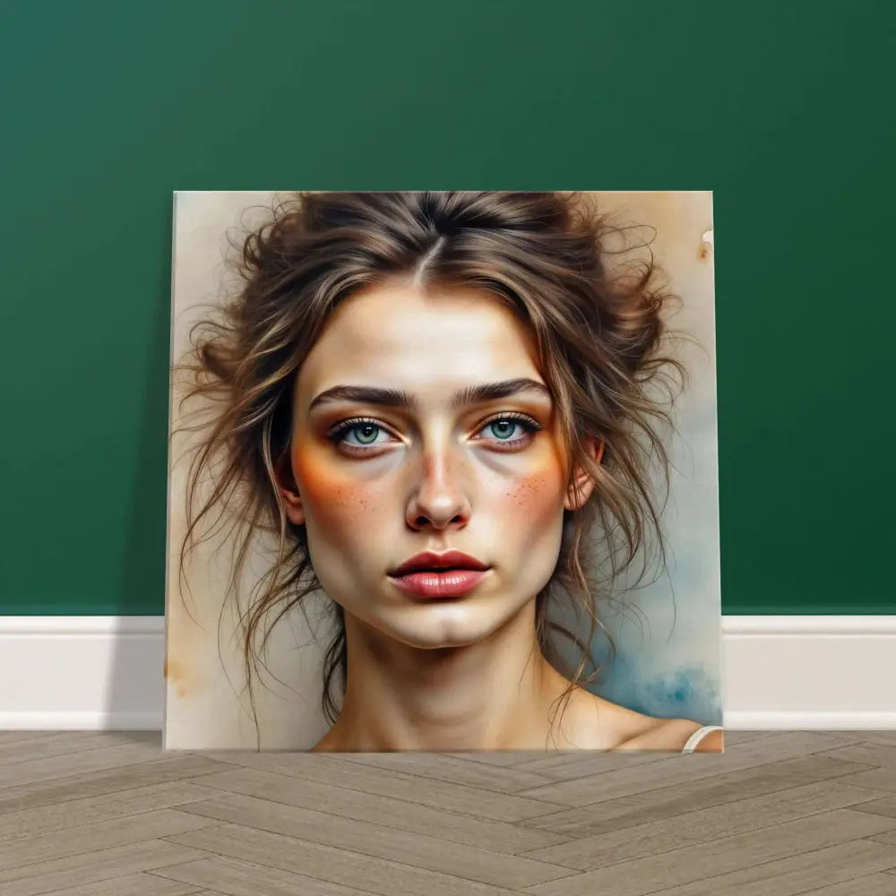 Portrait of a woman with blue eyes and brown hair featuring orange and pink blush on Canvas Whispers Emotion stretched canvas