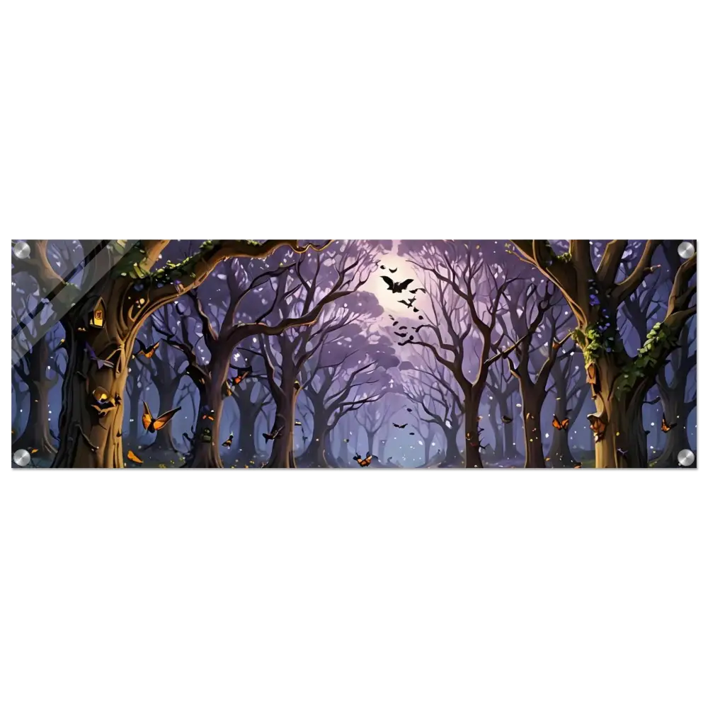 Halloween forest scene acrylic print featuring dark trees and eerie moonlight by PixiOnyx