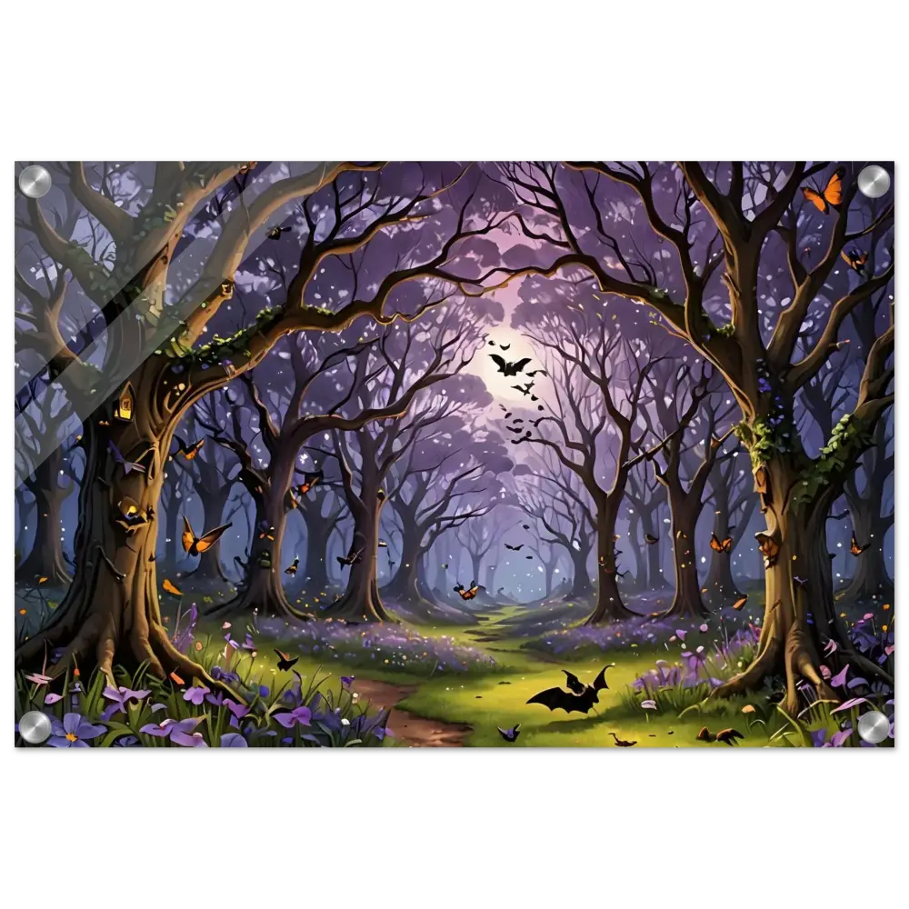 Enchanted forest scene acrylic print showcasing mystical trees and magical ambiance