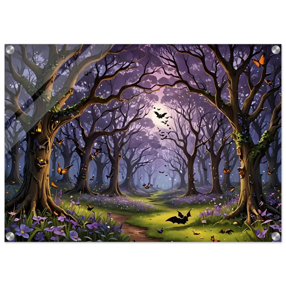 Enchanted forest scene with bats and butterflies on PixiOnyx acrylic print