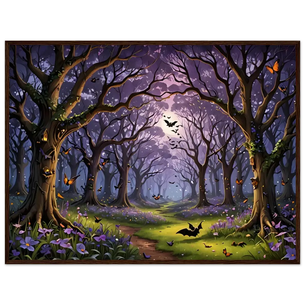 Enchanted Forest scene with bats and butterflies in Whispers of the Enchanted Forest framed poster