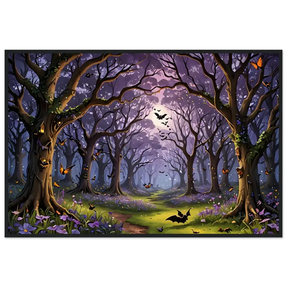 Enchanted forest with bats and butterflies displayed in Whispers of the Enchanted Forest Framed Poster by PixiOnyx