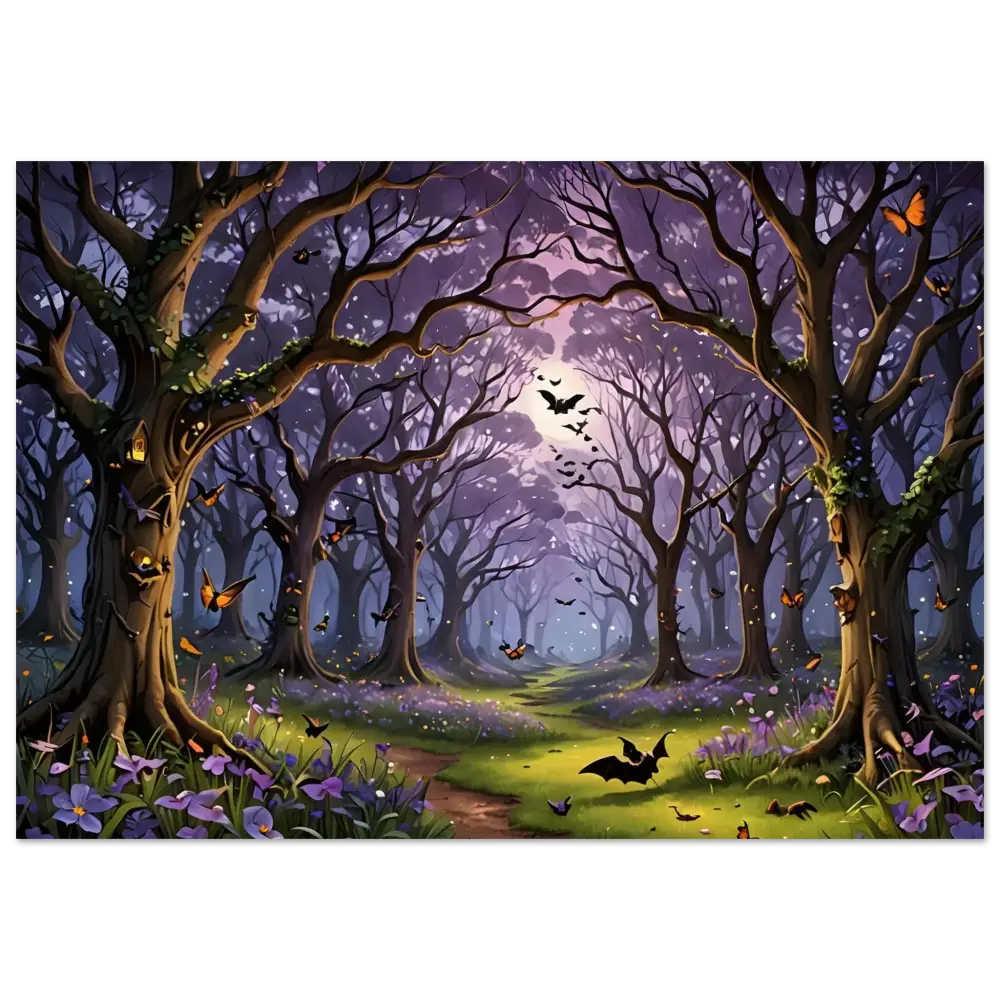 Enchanted forest scene with bats and butterflies displayed in Whispers of the Enchanted Forest framed poster