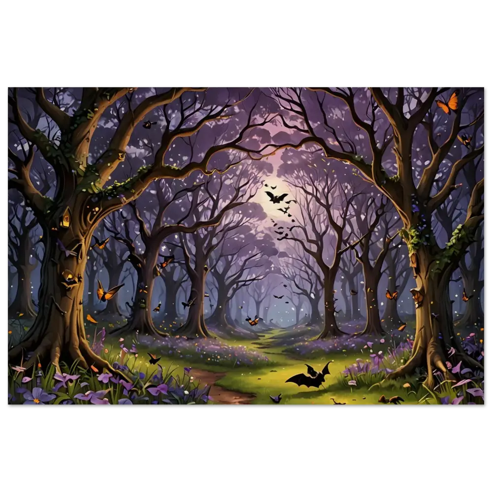 Enchanted forest scene with bats and butterflies on Wood Print by PixiOnyx