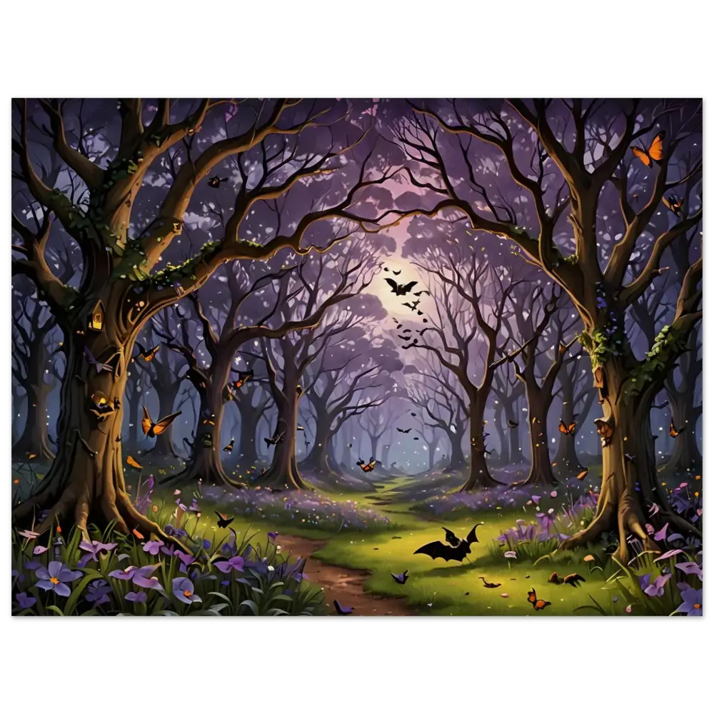 Enchanted forest path with bats illustration on PixiOnyx Wood Print for Whispers of the Enchanted Forest