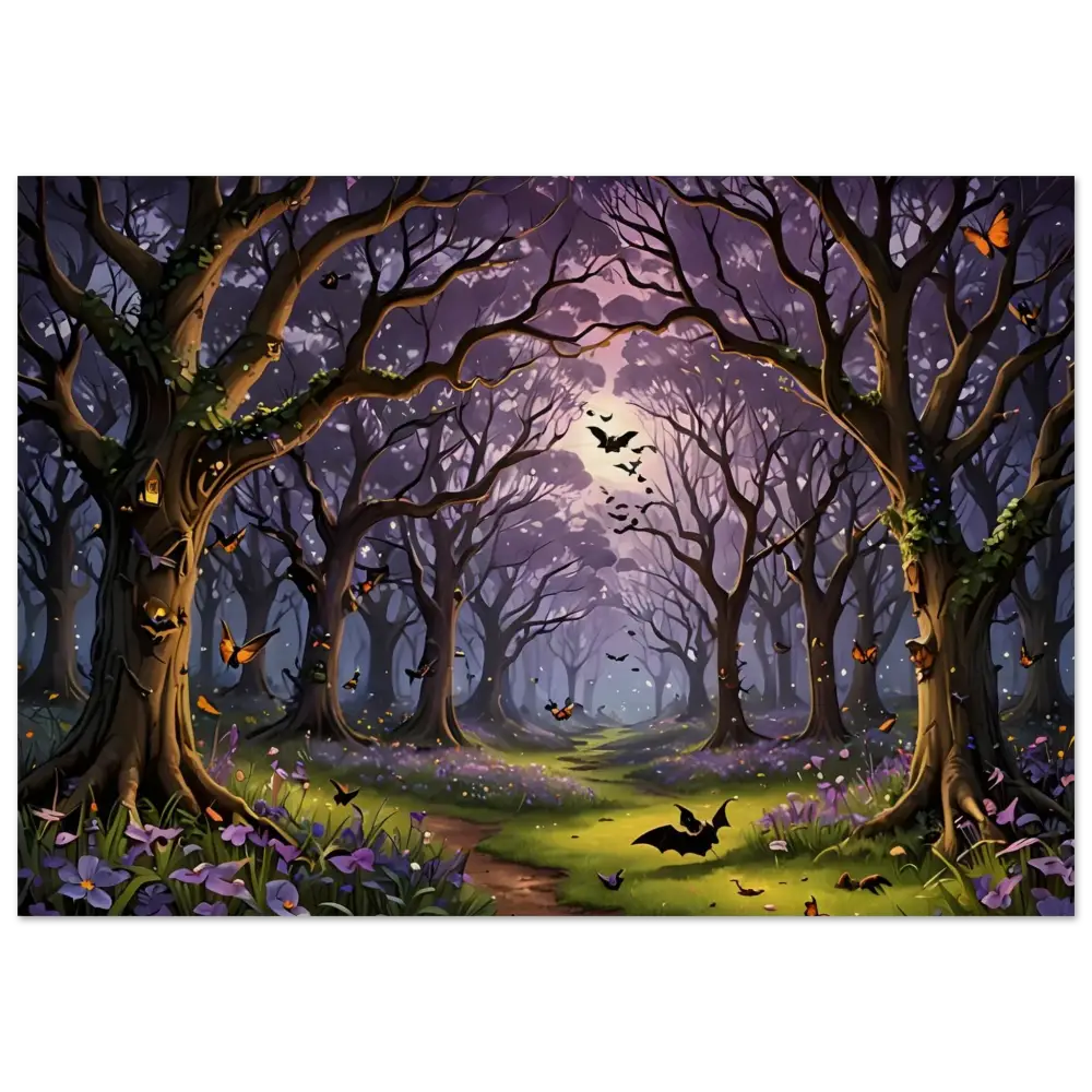 Enchanted forest with bats and butterflies on PixiOnyx Wood Print Whispers of the Forest