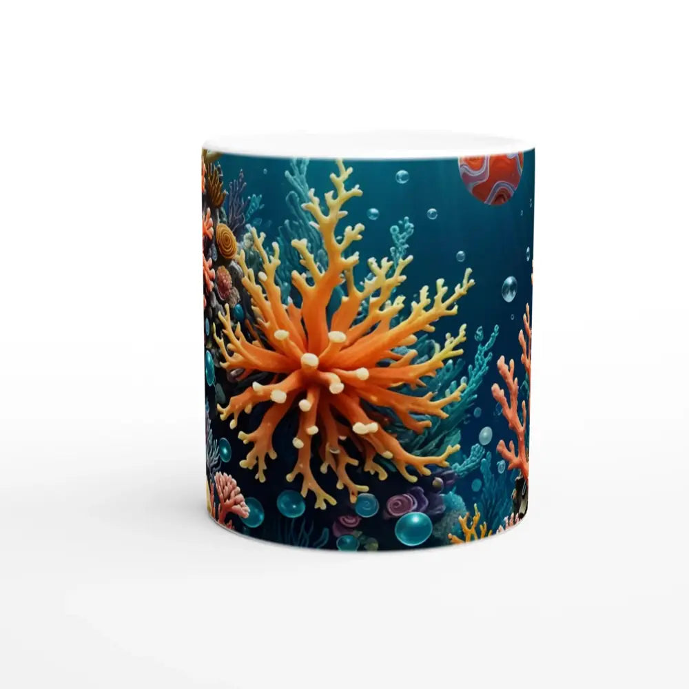 White 11oz Ceramic Mug with vibrant Coral Reef design by PixiOnyx Oceanic Brew