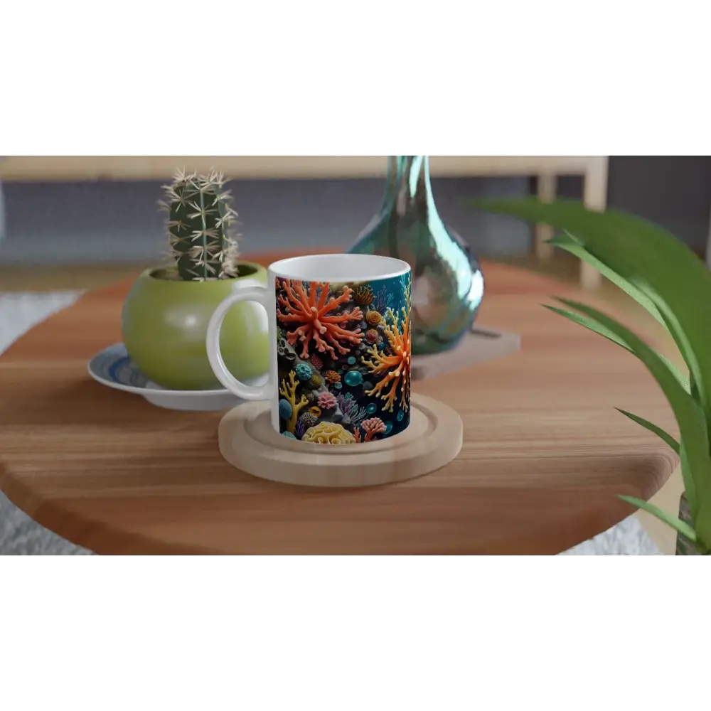 White 11oz Ceramic Mug featuring Coral Reef design from PixiOnyx Oceanic Brew