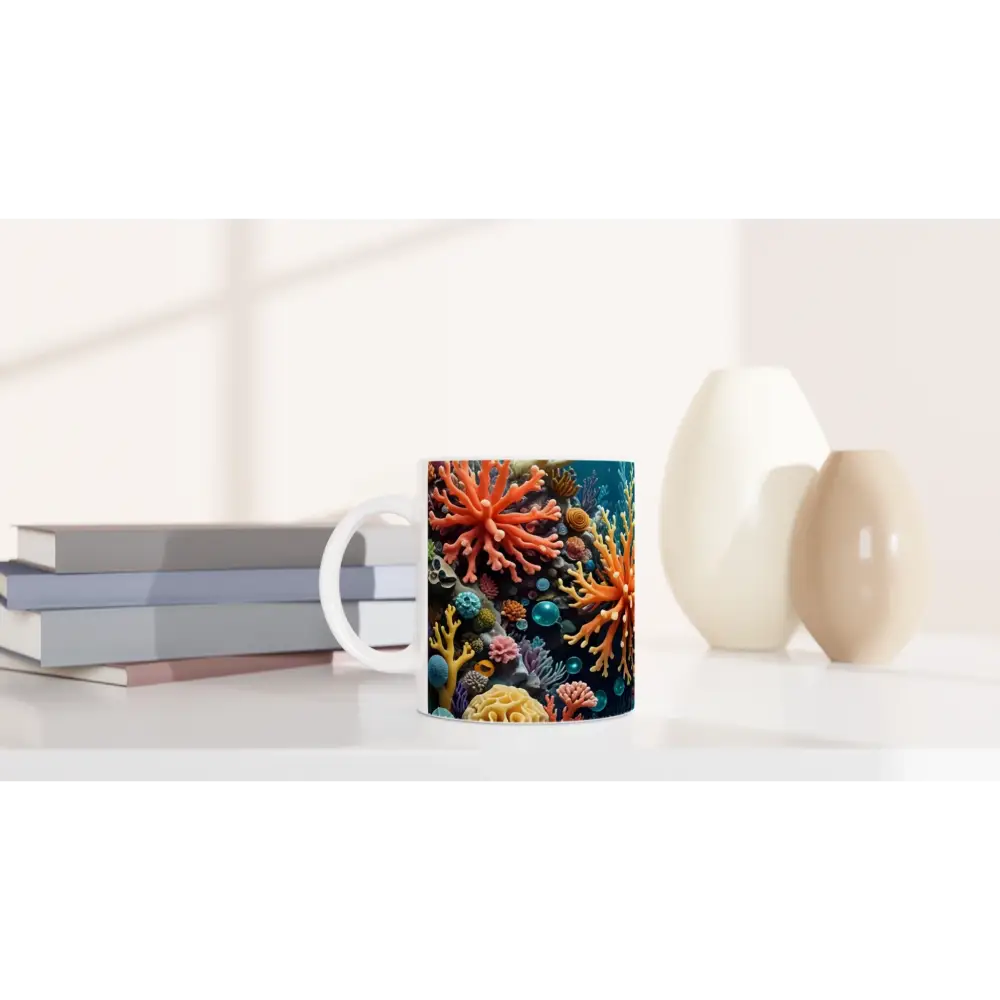 White 11oz Ceramic Mug with Coral Reef Design from PixiOnyx Oceanic Brew