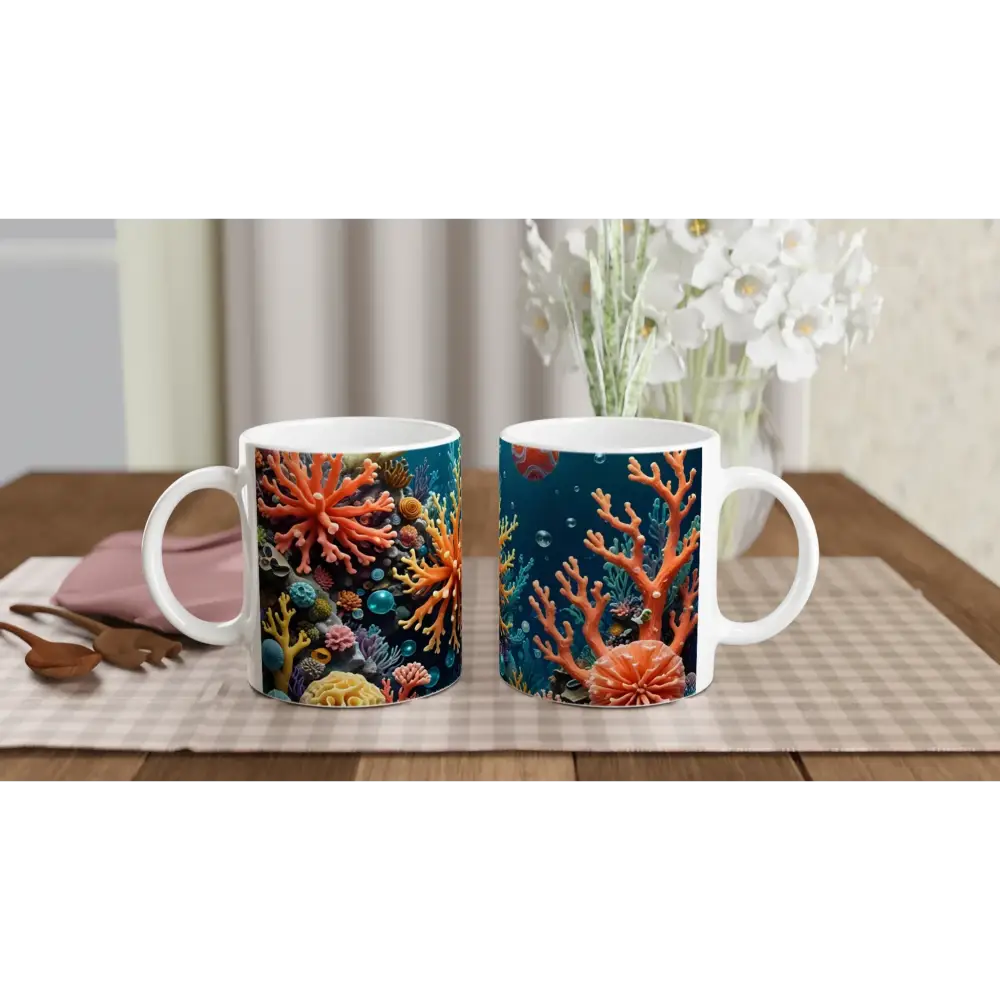 Two coral-themed ceramic mugs in White 11oz Ceramic Mug Coral Reverie by PixiOnyx Oceanic Brew