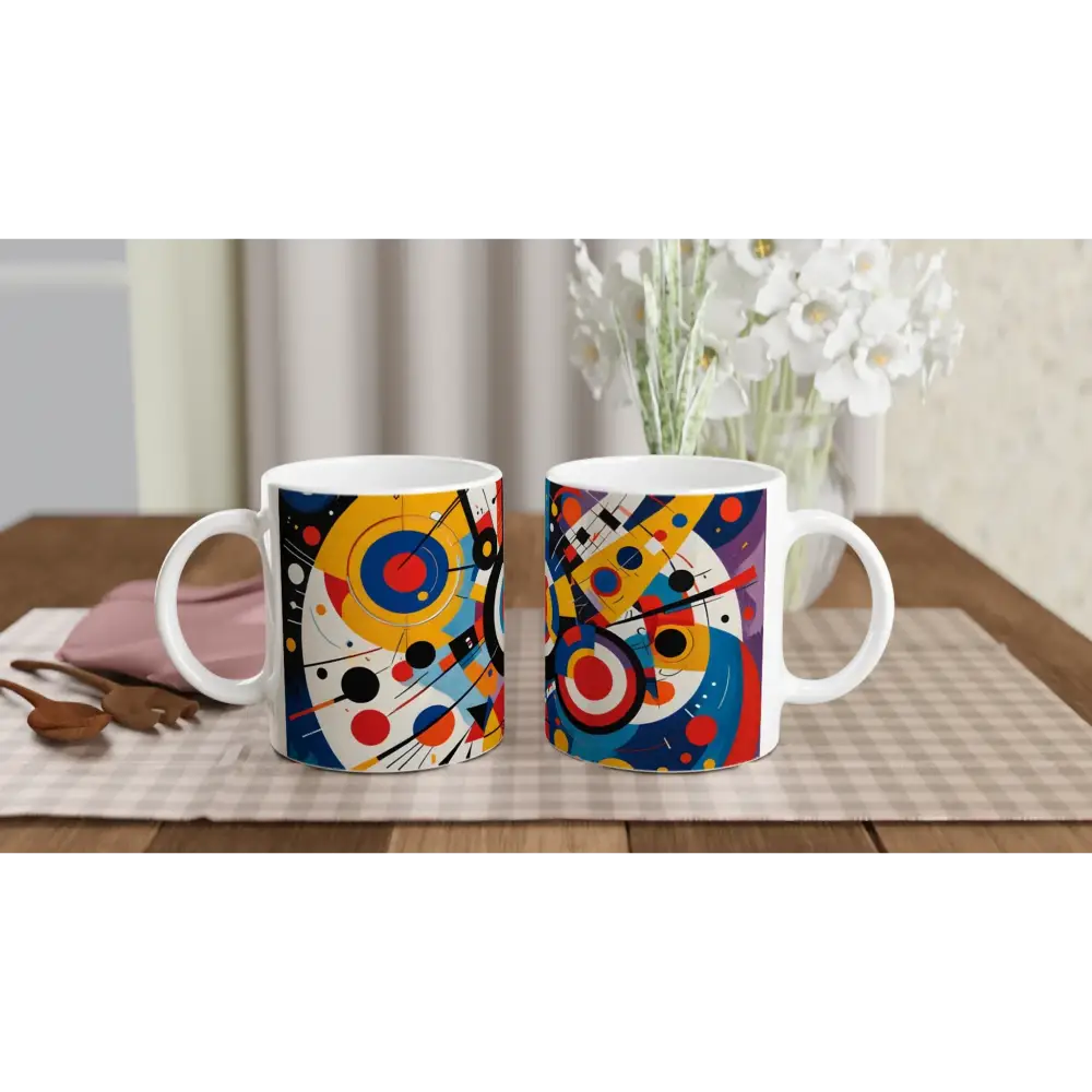 White 11oz Ceramic Mug with Abstract Designs from PixiOnyx Dynamic Balance collection