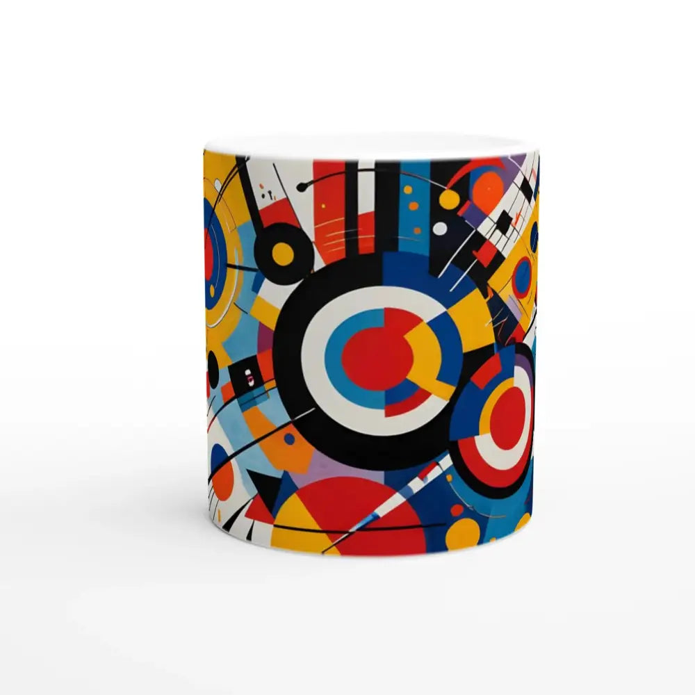Abstract geometric patterned white ceramic mug with Dynamic Balance design