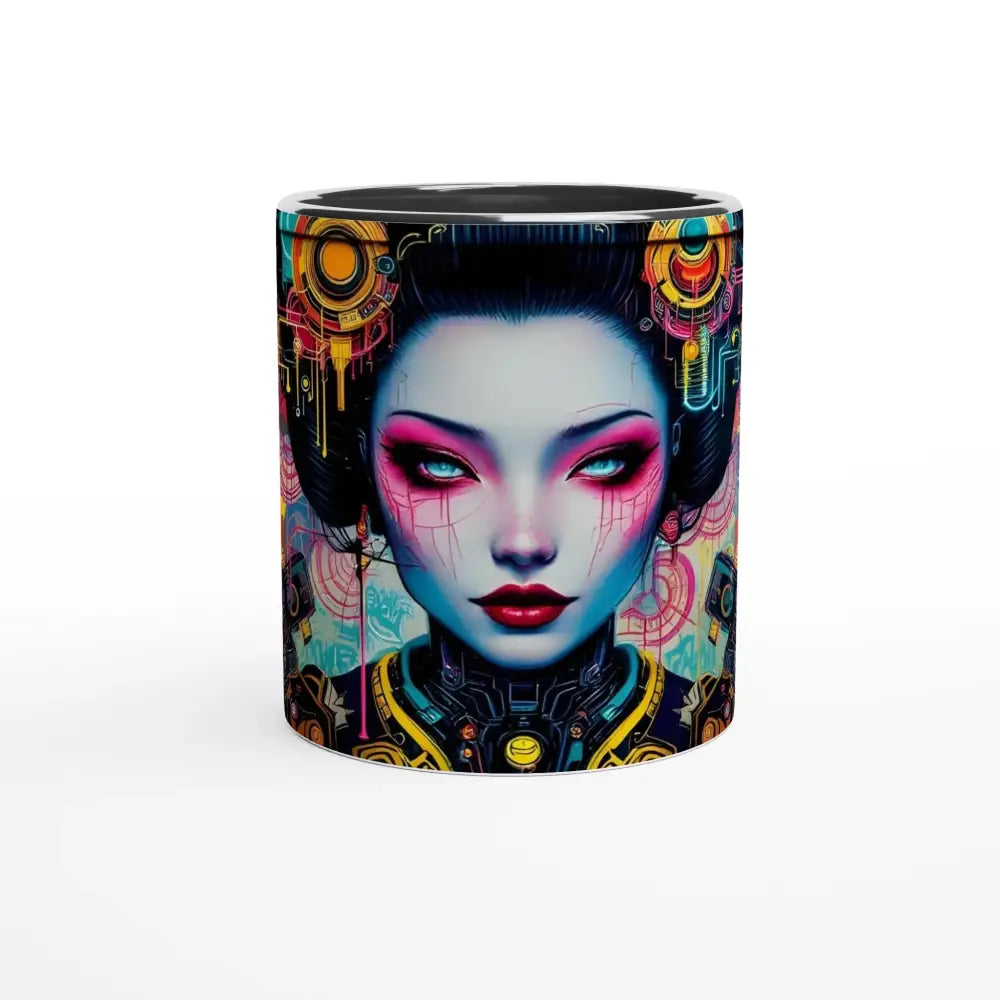 Cyberpunk Geisha Mug showcasing Mech Shrine design on a White 11oz Ceramic Mug