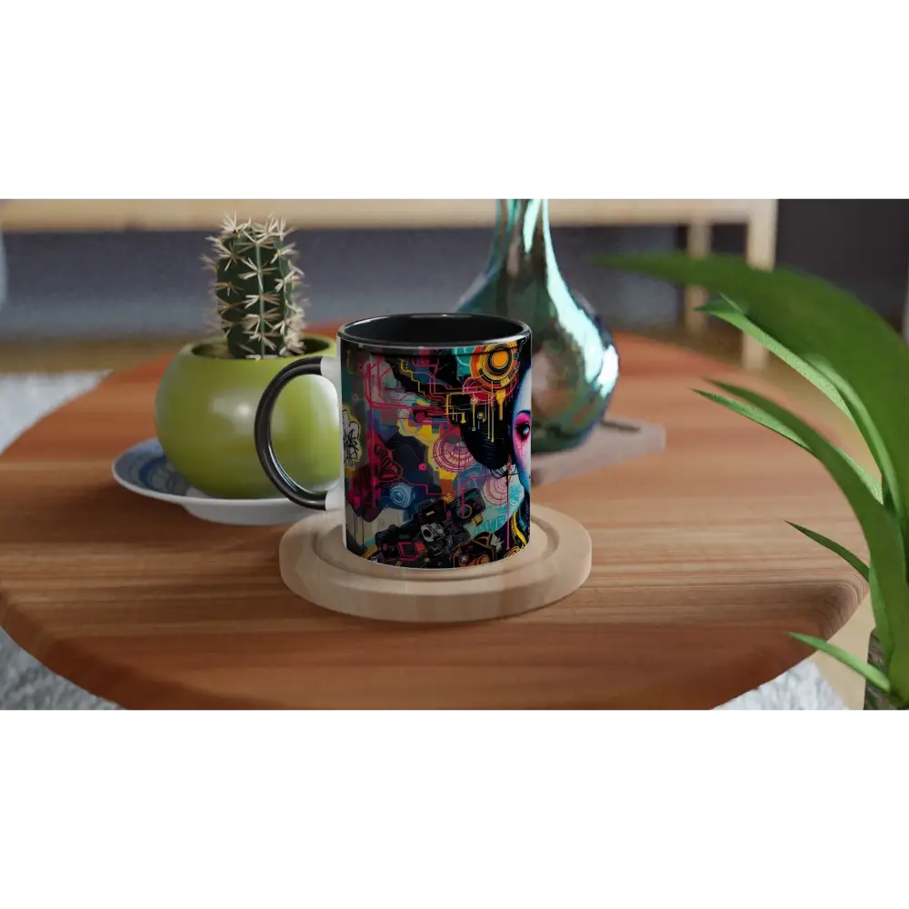 Colorful ceramic mug with abstract design from White 11oz Ceramic Mug Mech Shrine Geisha PixiOnyx