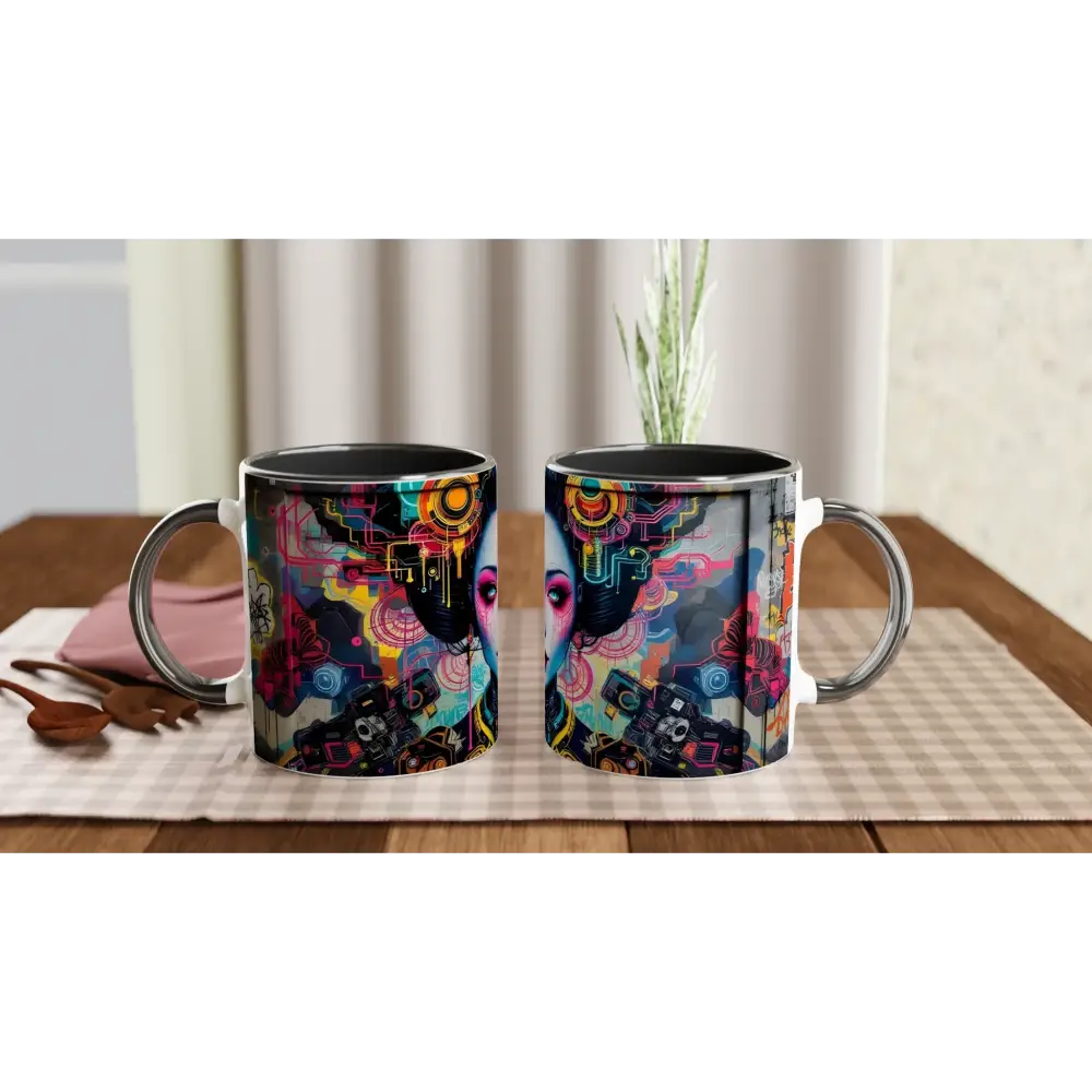 Decorative white 11oz Ceramic Mugs featuring Mech Shrine Geisha design from PixiOnyx